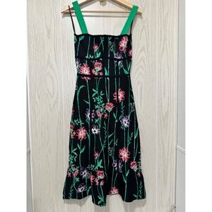 BCBGMAXAZRIA Black Floral Jacquard Knit Fit & Flare Midi Dress Green Straps S